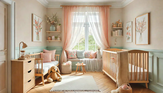 Chambre de bébé lumineuse et aérée, décorée pour le printemps avec des rideaux pastel, un lit en bois et un coin lecture cosy.