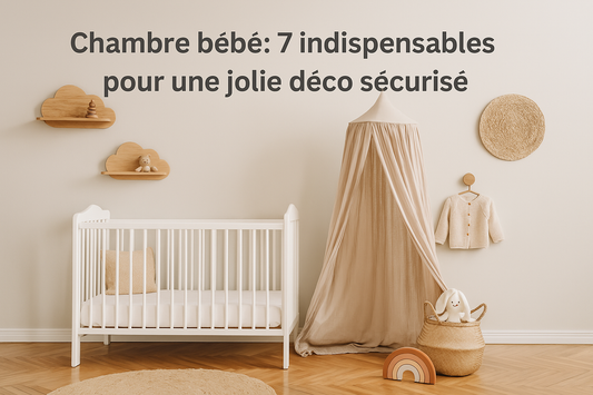 Vue d’ensemble d’une chambre de bébé douce et naturelle, avec un berceau en bois, des éléments de décoration apaisants et une ambiance sécurisée.