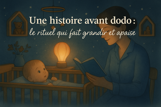 Rituel du coucher pour bébé – une maman lit une histoire du soir à son enfant dans une chambre apaisante, ambiance douce et sécurisante.
