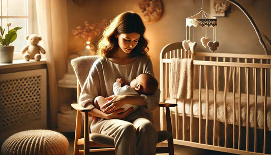 Maman berçant son bébé dans une chambre avec une ambiance apaisante