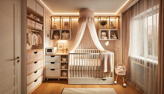 Une petite chambre de bébé bien aménagée avec un lit combiné, des rangements muraux et une ambiance douce et optimisée.