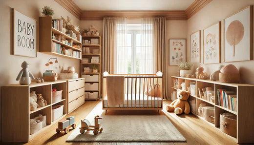 Un chambre de bébé bien rangée et très lumineuse avec des couleurs doudes dans les tons beiges