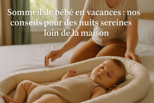 Un bébé dort paisiblement dans un réducteur de lit beige, sous le regard bienveillant de sa maman en vacances, dans une chambre lumineuse et apaisante.