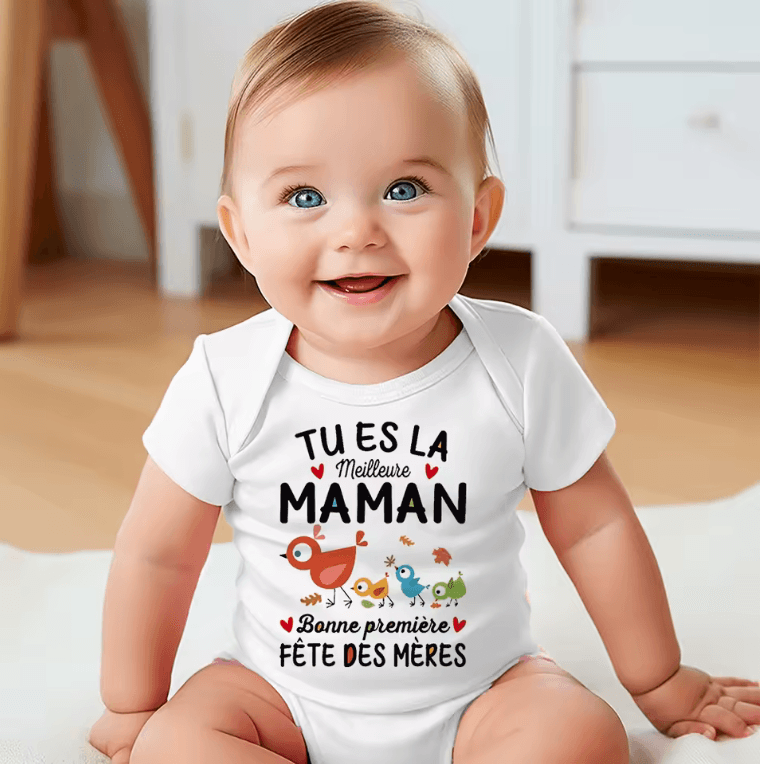 Bebe assis souriant portant une barboteuse bebe été blanche avec l'impression - tu es la meilleure maman bonne premiere fete des meres