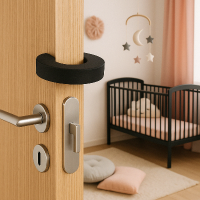 Bloque Porte Sécurité Bébé│ProtectBloc™ noir fixe sur une porte entrouverte donnant sur une chambre de bebe decoree en noir et rose