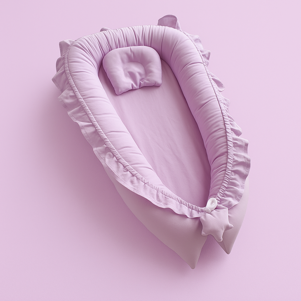 Réducteur de lit bébé lilas avec volants et étoile en tissu, présenté sur un fond pastel rose doux,