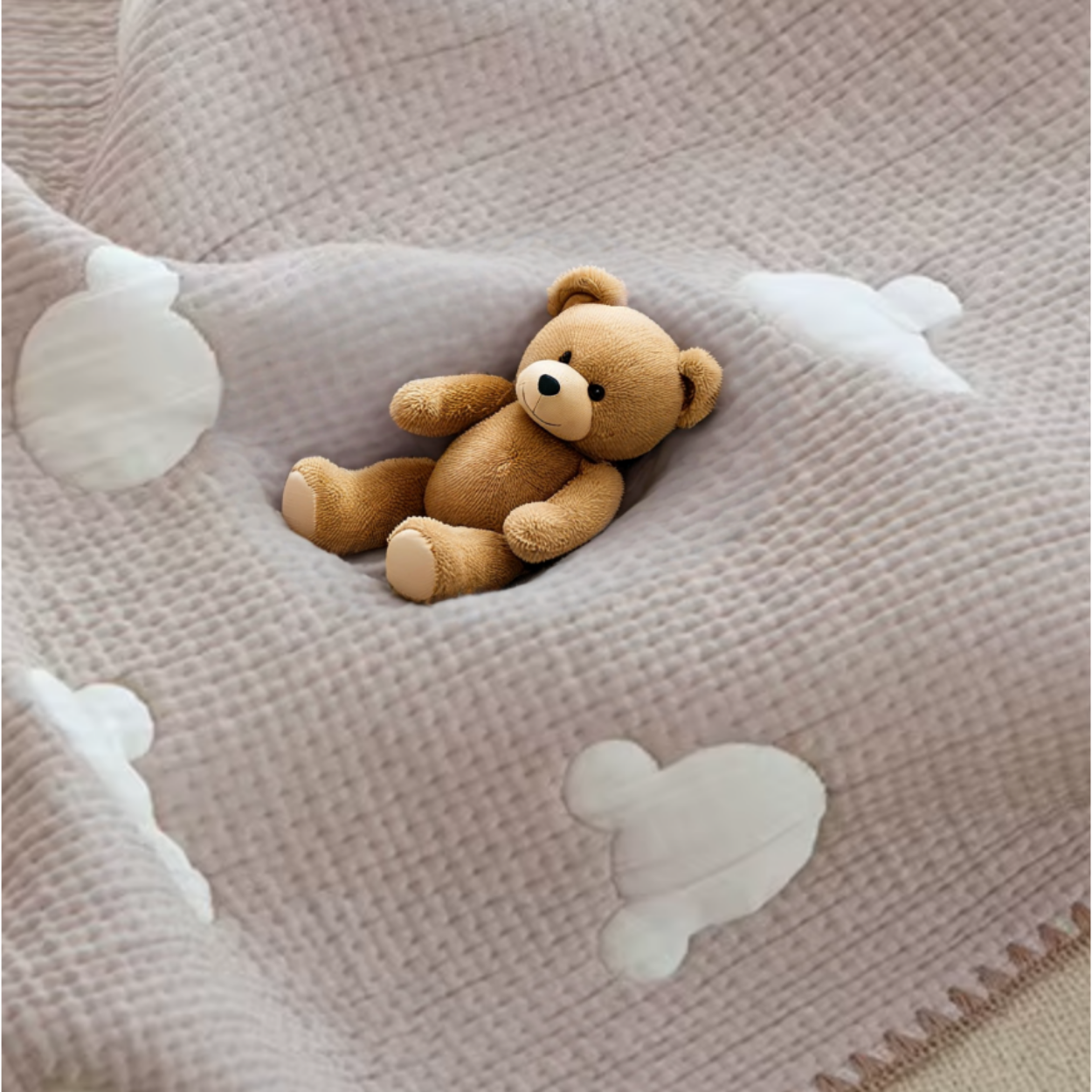COUVERTURE_BEBE_Calinours_Tete_de_Mickey avec une peluche beige