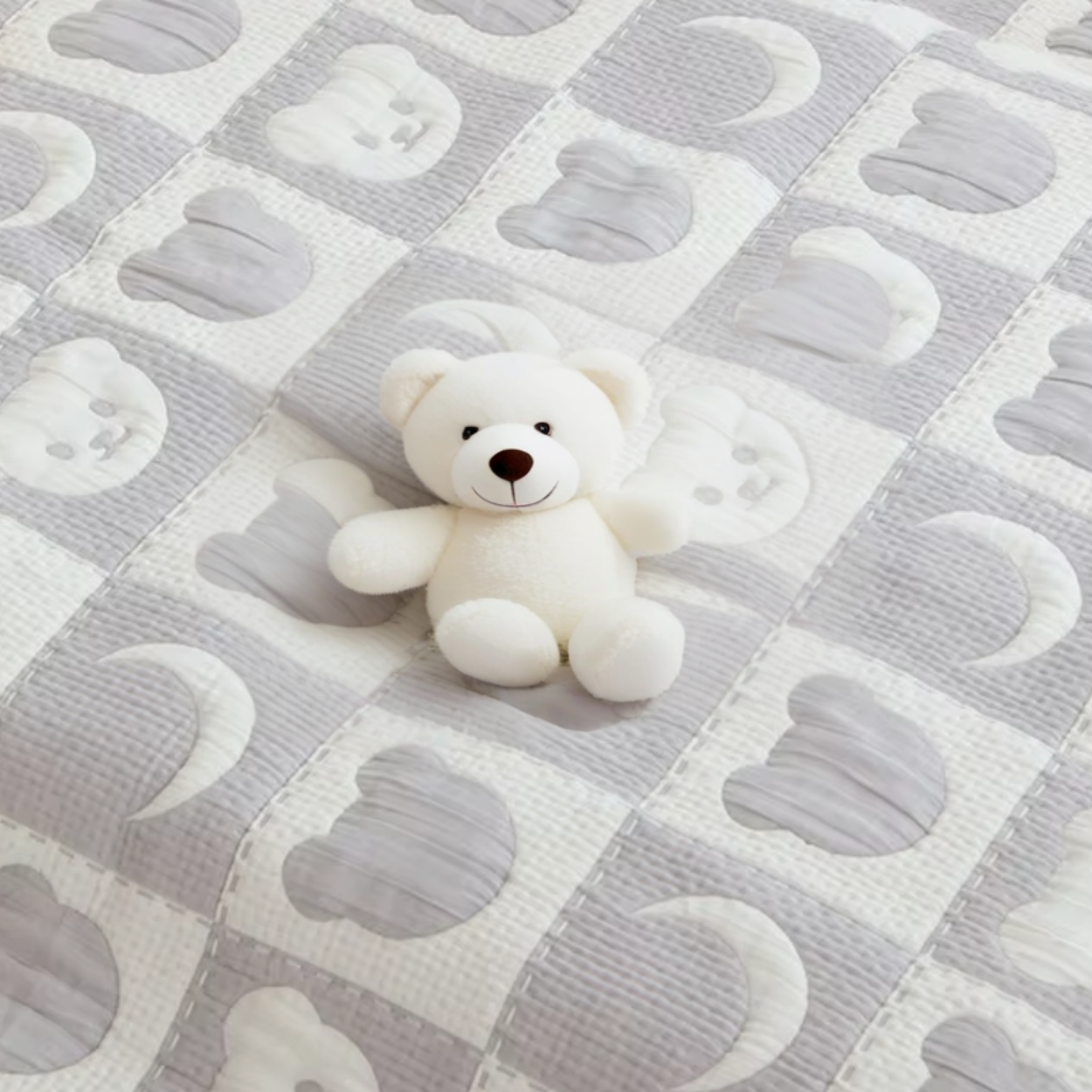 Couverture Bébé Mi Saison_Calinours_Ours_lunaire avec une peluche blanche