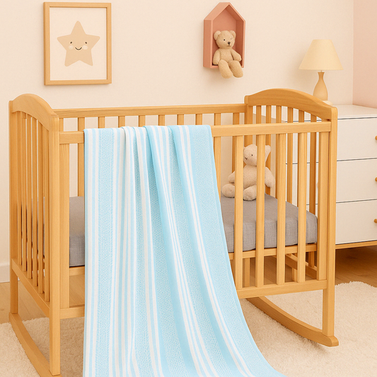Couverture Pour Bébé à Rayures- Snouky™ bleue posée sur un berceau