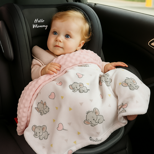 Bébé confortablement installé dans un siège auto, enveloppé dans la couverture Bébuline™ aux motifs éléphants apaisants.
