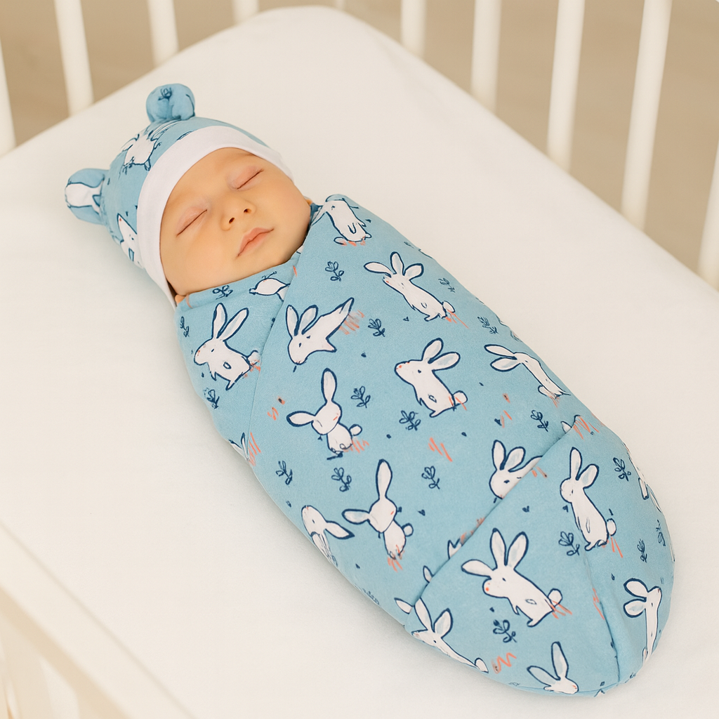 Bébé endormi paisiblement dans son berceau, emmailloté dans la couverture emmaillotage bébé DouceurApaisante™ bleu motif lapins, dans une chambre lumineuse et apaisante.