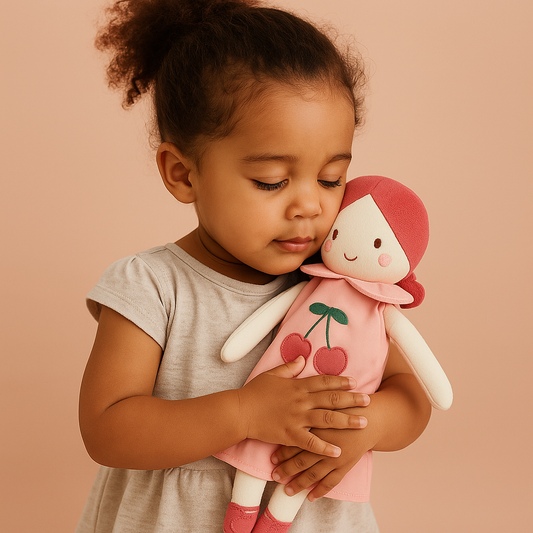 Petite fille metisse qui étreignant le Doudou Bébé Coton Bio│Surette™ un compagnon magique pour des moments tendres et rassurants.