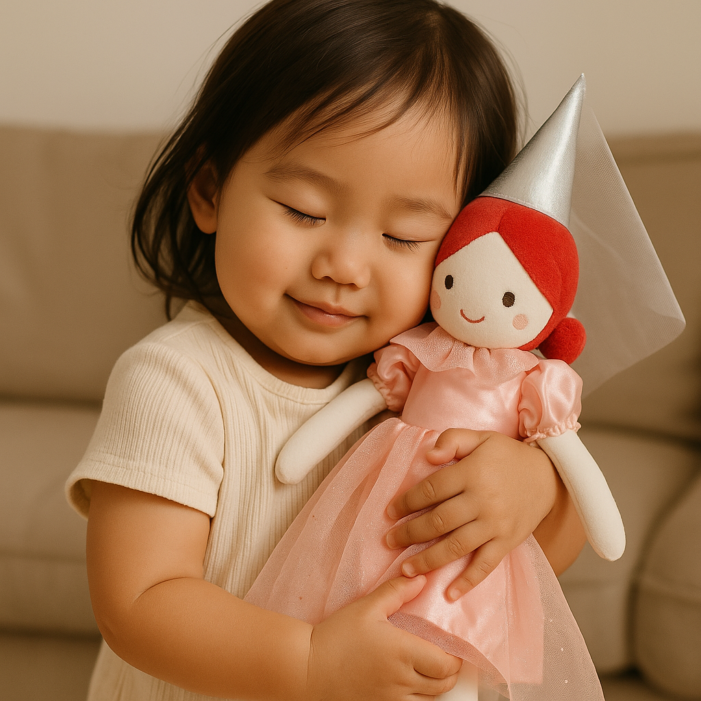 Petite fille asiatique étreignant le Doudou Bébé Coton Bio│Surette™, un compagnon magique pour des moments tendres et rassurants.