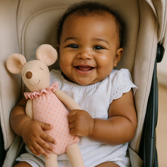 Bébé fille souriante tenant fermement son Doudou Bebe Souris - Diridoux