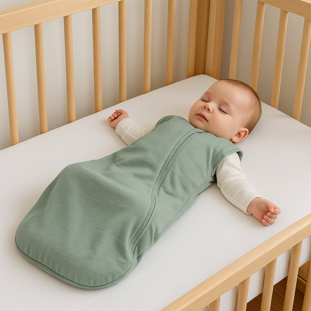 Bébé endormi dans un lit à barreaux, vêtu d’une gigoteuse vert sauge idéale pour le printemps et l’automne – TOG 1.0 confort mi-saison.