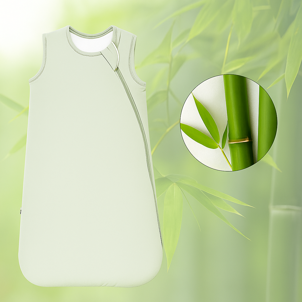 Gigoteuse été DouxRefuge™ en tissu de bambou vert sauge, présentée sur un fond naturel illustrant la fraîcheur végétale du bambou – idéale par temps chaud.