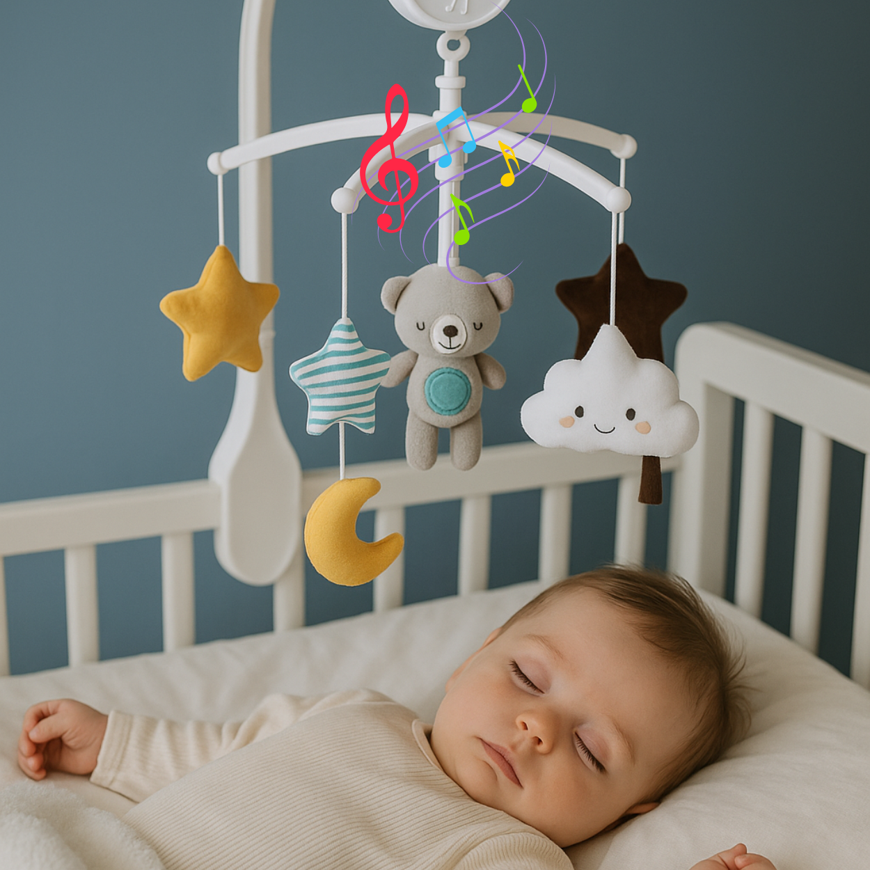 Bébé endormi sous le Mobile Bebe Ourson_Doubalou symbole de Sommeil bébé serein