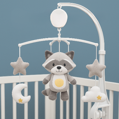 Gros plan sur le Mobile Bebe Raton Laveur│Noctacoon™fixé au dessus d'un berceau
