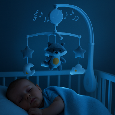 Bébé endormi sous le mobile Mobile Bebe Raton Laveur- Noctacoon, lumière douce bleutée