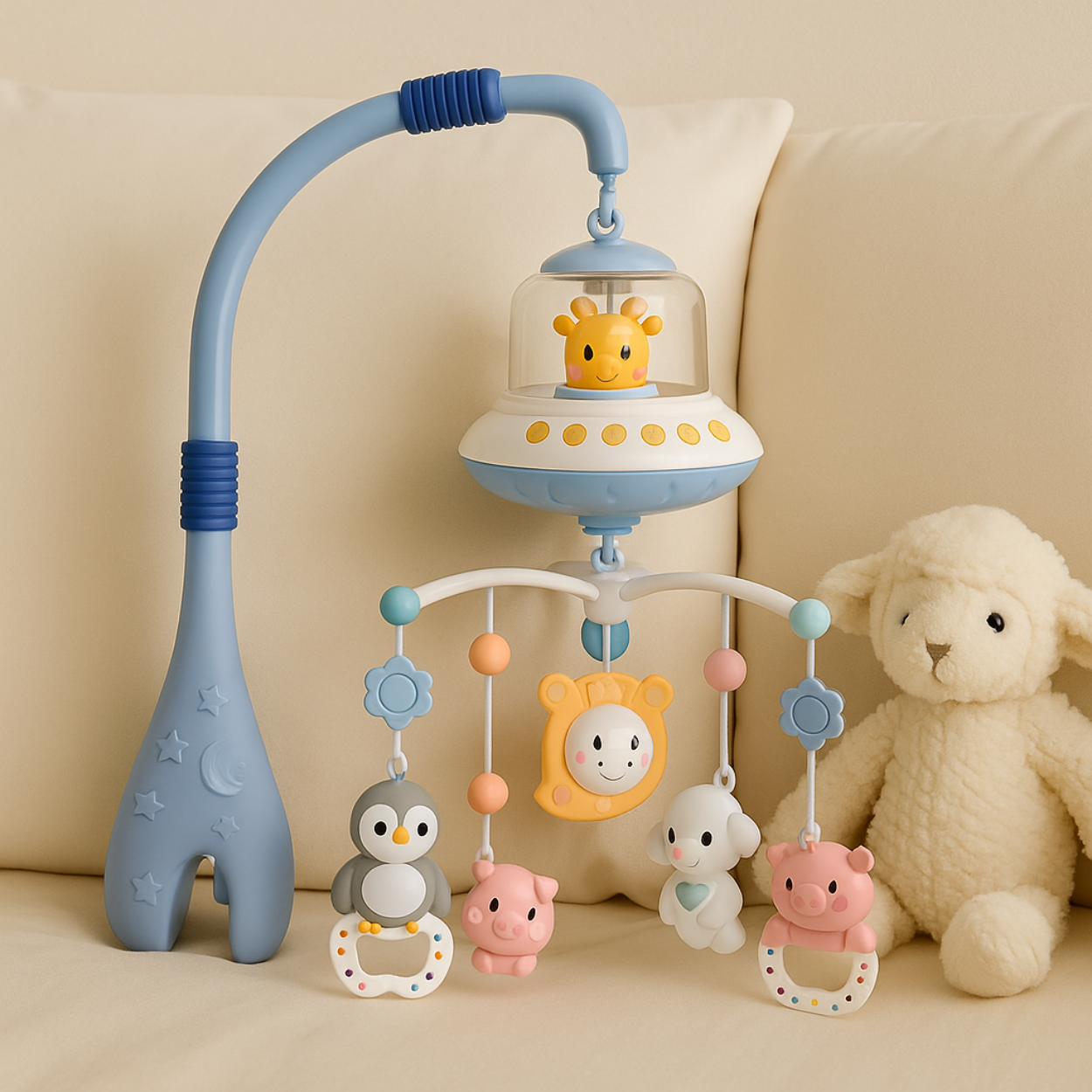 Gros plan sur Mobile Musical Bébé Animaux-BabyLulla présenté à côté d'un ours en peluche