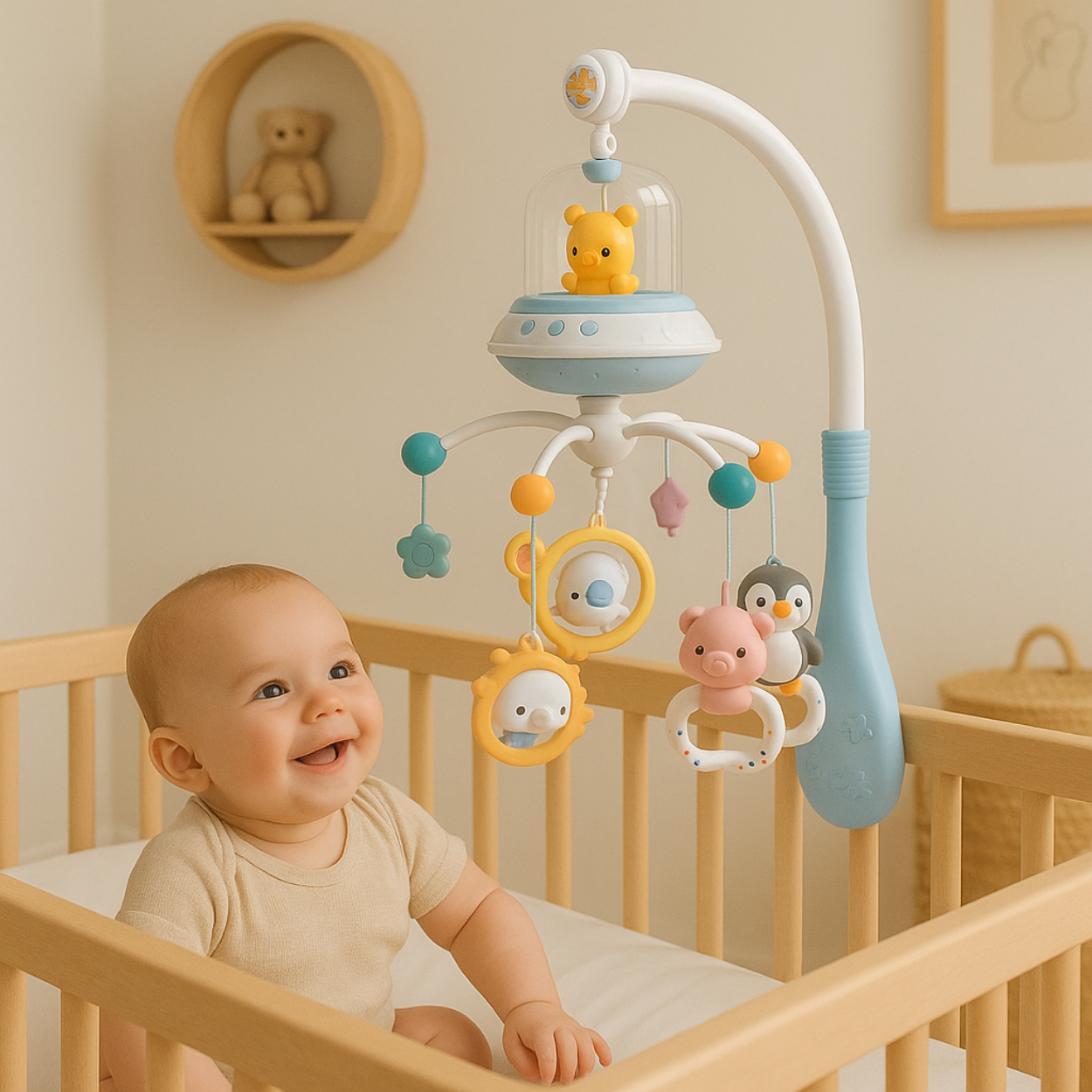 Mobile Musical Bébé Animaux- BabyLulla diffusant de la musique douce dans une chambre bébé cosy. Bébé regardant le mobile avec curiosité