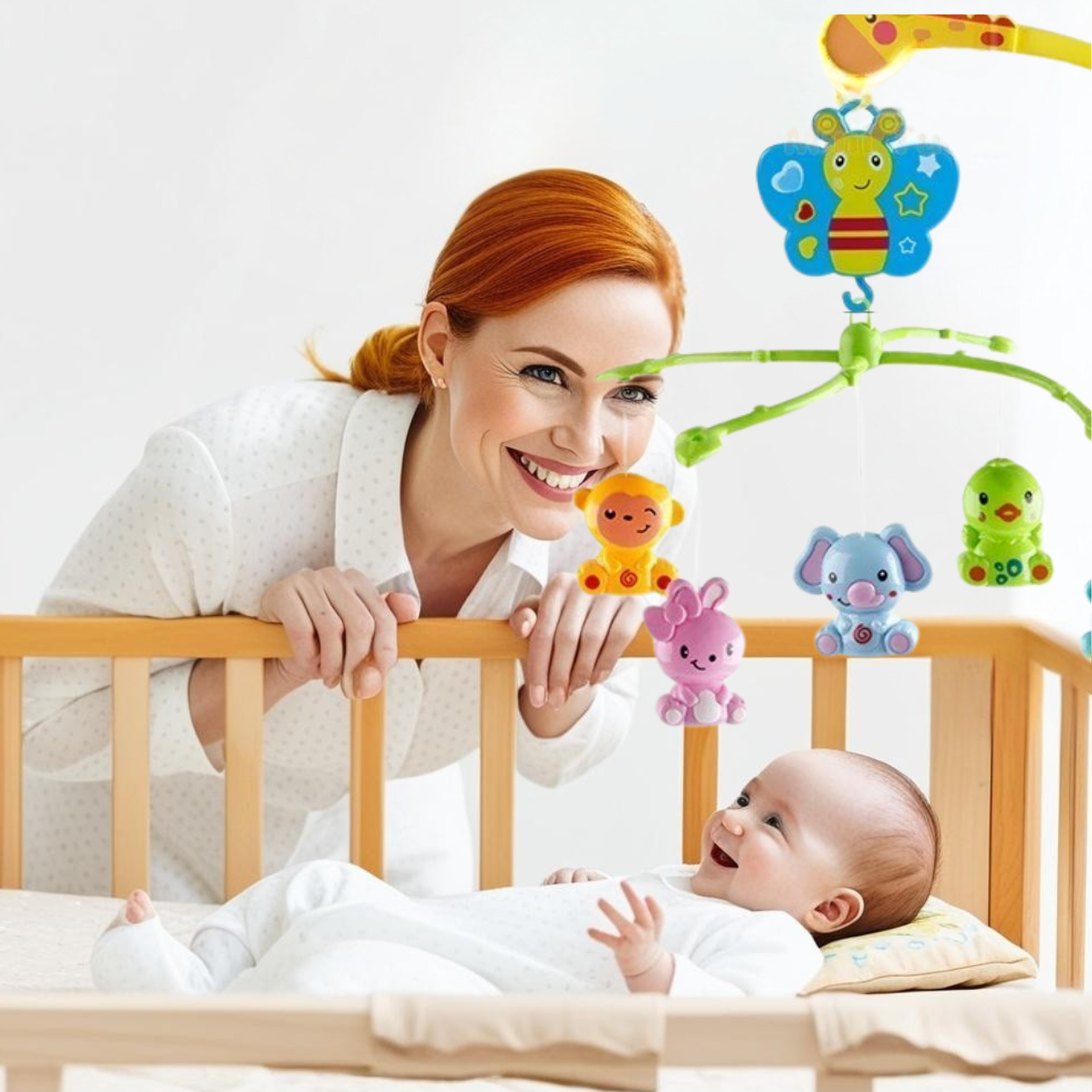 Une_maman_souriante_se_penche_sur_le_berceau_de_son_bebe_qui_regarde_le_Mobile bébé Papillon_en_souriant_également