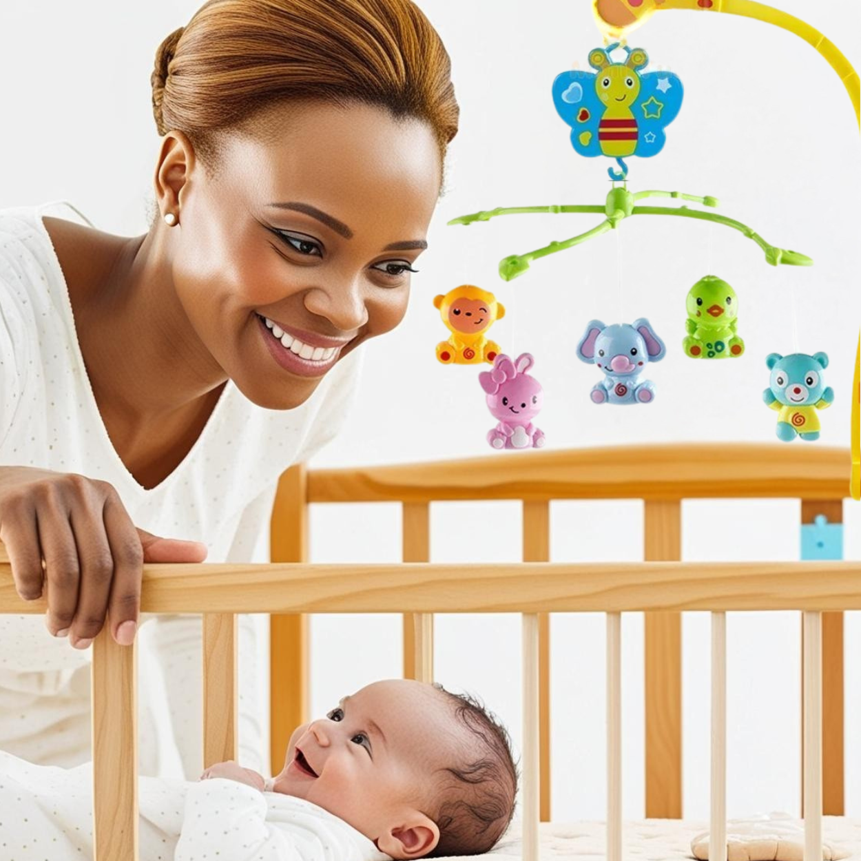 Une_maman_souriante_se_penche_sur_le_berceau_de_son_bebe_qui_regarde_le_Mobile bébé Papillon_en_souriant_également