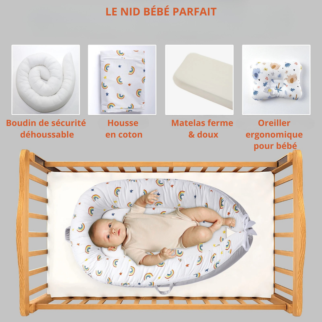 Vue d'un_bebe allongé dans un nid bébé portable motif arc-en-ciel installé dans un lit en bois avec les éléments textiles du nid présentés en détail housse matelas boudin et oreiller