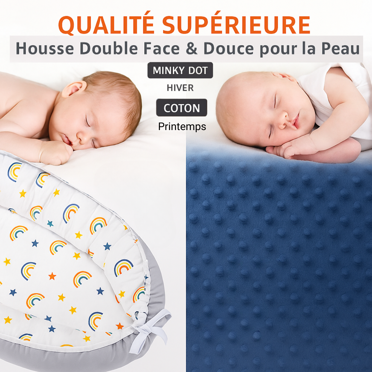 Nid bébé portable NaturaNid™ double face : velours Minky hiver et coton printemps.