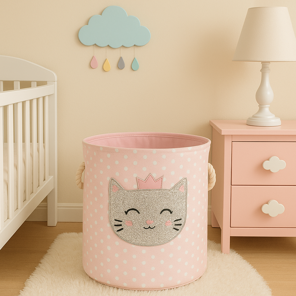 Panier de rangement chambre bebe rose à pois blancs avec motif chat pailleté, posé sur un tapis moelleux dans une chambre de bébé décorée d’un berceau blanc, d’une commode rose et d’un nuage mural pastel.