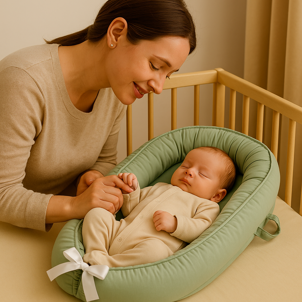 Réducteur de lit bébé vert sauge BambouNid™ avec maman qui installe son nouveau-né dans un cocon sécurisé, chambre bébé style naturel bois clair.
