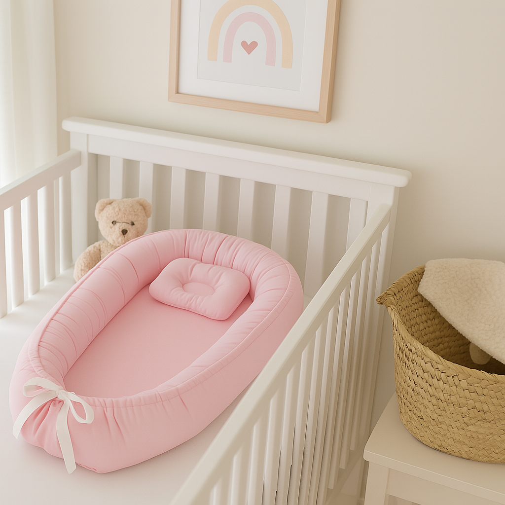 Réducteur de lit bébé rose avec coussin, installé dans un lit à barreaux blanc - chambre bébé douce et apaisante avec déco murale pastel.