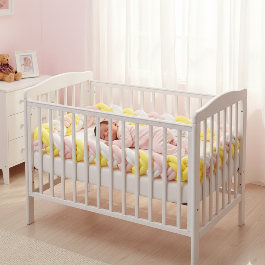Bébé endormi paisiblement dans un berceau entouré de la tresse de lit bébé 6 brins jaune, rose et blanc - Pastelia™, créant un cocon pastel doux et sécurisant.