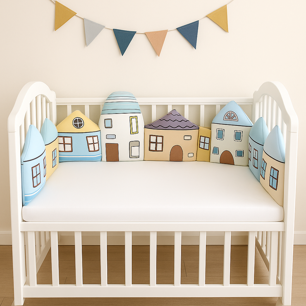 our de lit bébé motif dessin animé MaisonnettesMagiques™ installé dans un berceau blanc, composé coussins en forme de petites maisons colorées, créant une protection douce et décorative.