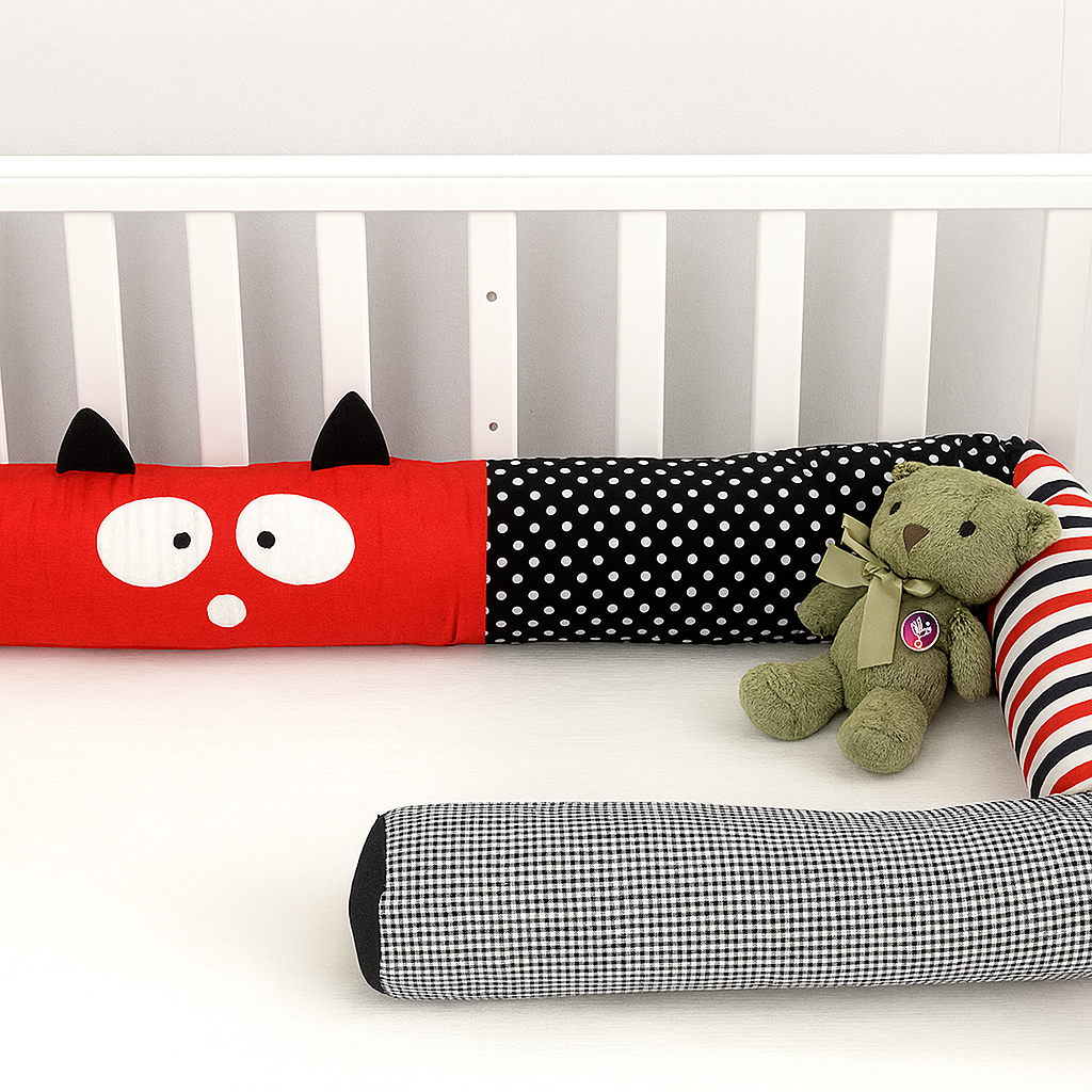 Tour de Lit Noir et Rouge - Dago™ installé dans un lit bébé blanc, avec motif ludique et peluche verte pour une chambre enfant originale.