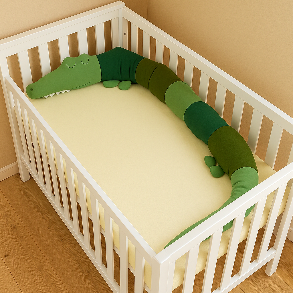Tour de Lit Respirant Vert CrocodileRêveur™ installé dans un berceau blanc style scandinave, protection et design ludique pour bébé"