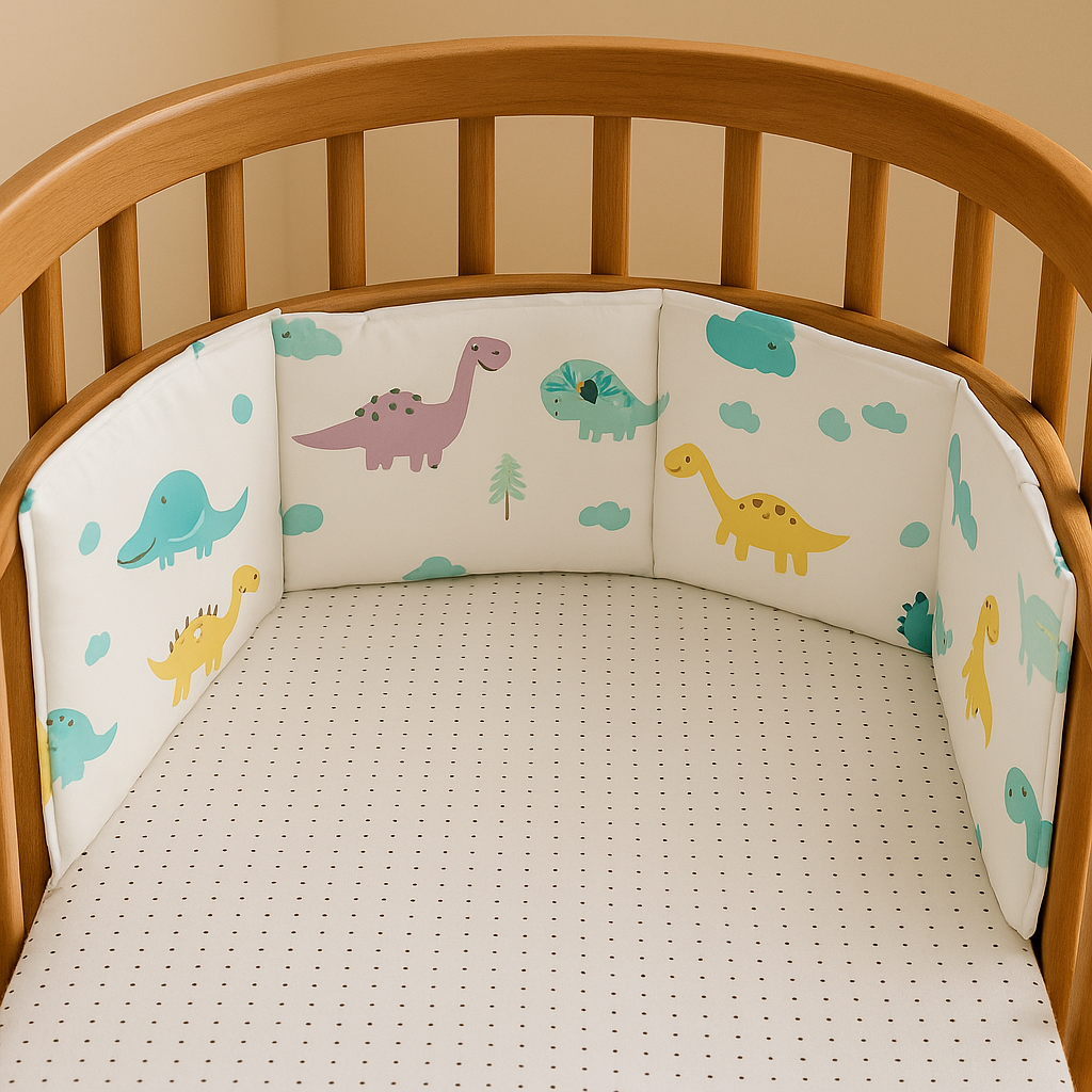 Berceau en bois équipé d’un tour de lit bébé marron et beige avec motifs dinosaures colorés, créant un cocon sécurisant et ludique pour le sommeil de bébé.