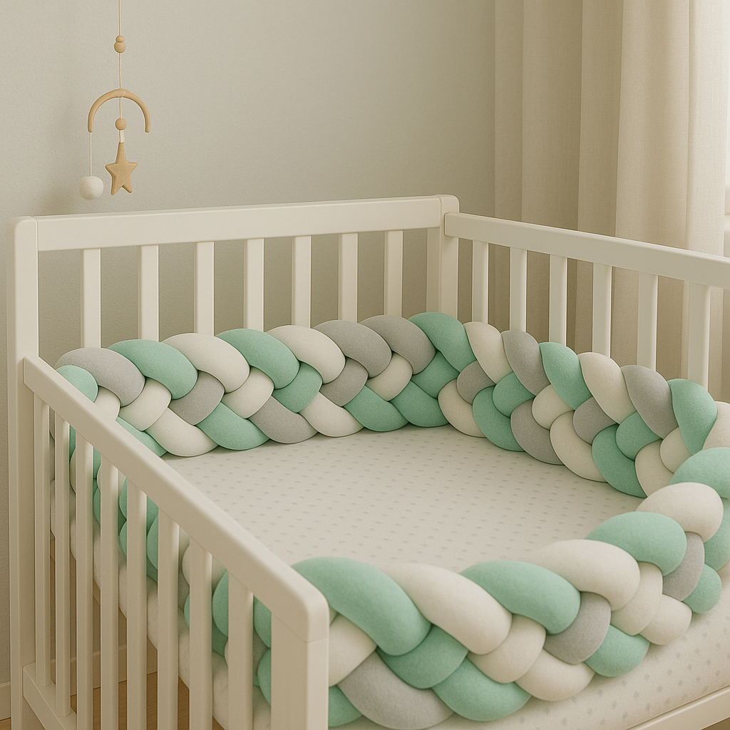 Chambre de bébé au style scandinave, lit blanc à barreaux avec tour de lit tressé MentheCendrée, ambiance douce et apaisante".