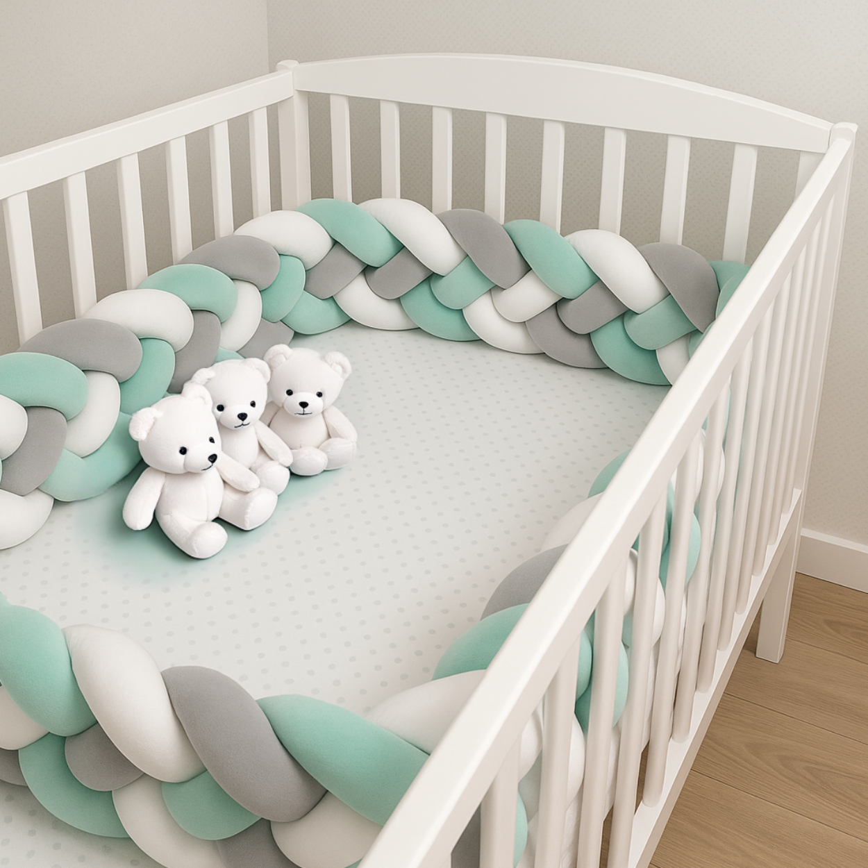 Gros plan sur le Tour_de_lit_tresse_-_Menthe_cendree dans un berceau blanc avec 3 ours en peluche blancs dans le berceau