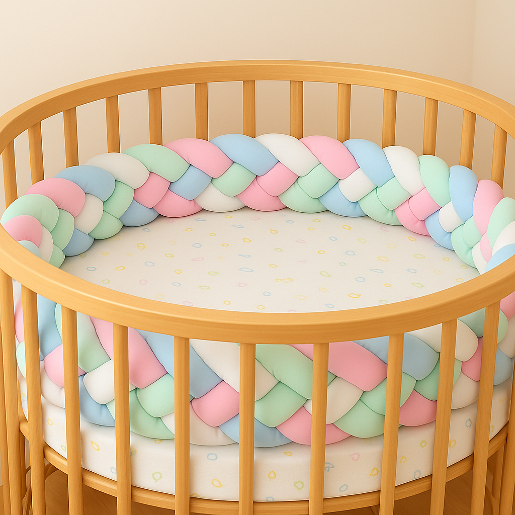 Tresse de lit bébé 4 brins pastel installée en tour complet autour d’un berceau en bois clair, créant un cocon sécurisé et élégant.