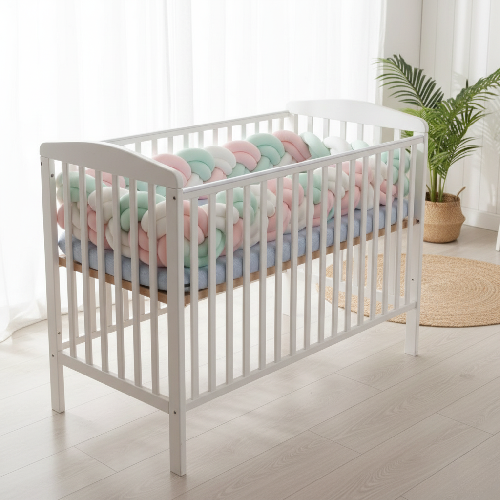 Berceau blanc lumineux décoré de la tresse de lit bébé 6 brins MintyDream™ rose, vert et blanc, créant une protection moelleuse et un cocon pastel apaisant.