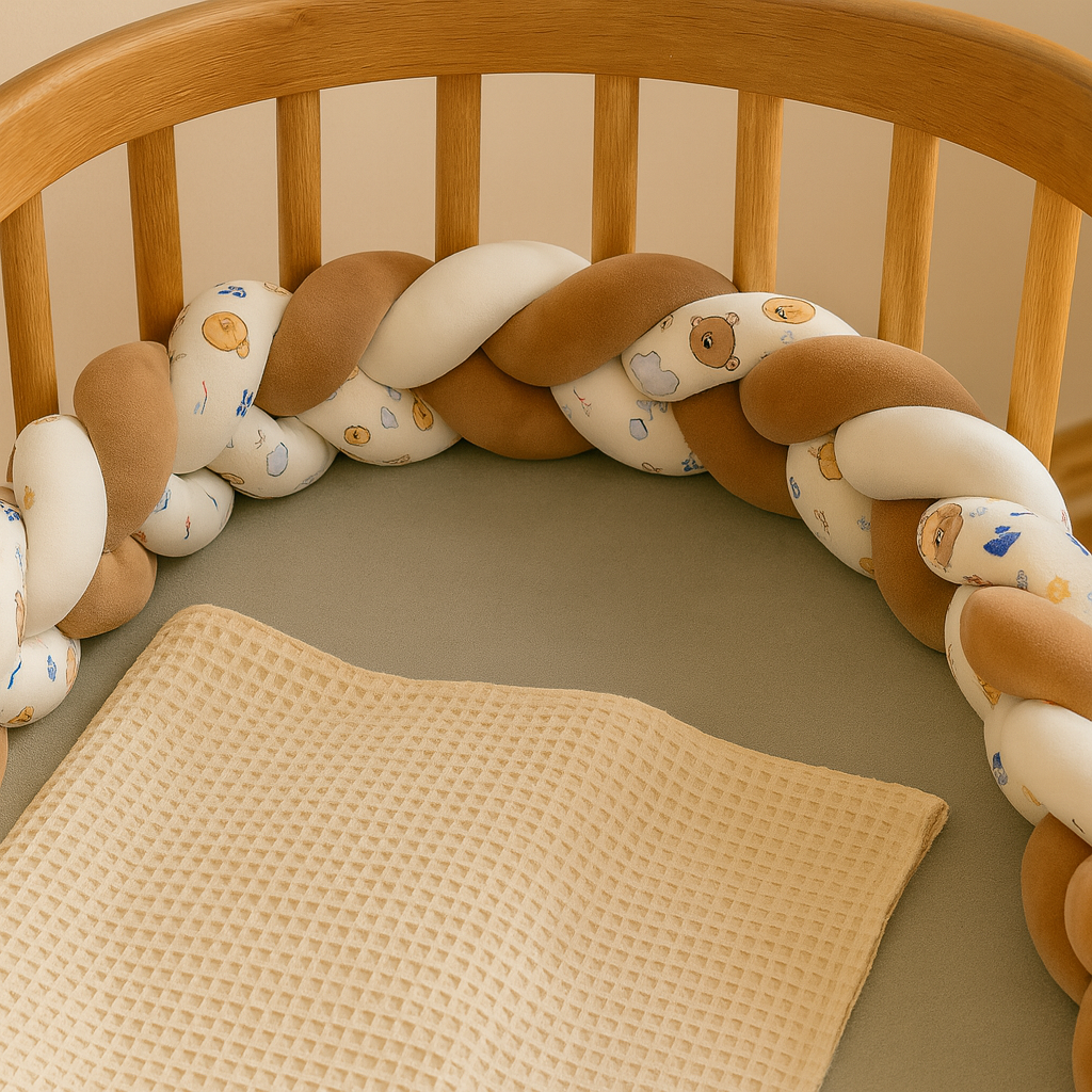 Tresse de lit marron et beige avec motifs pattes d’ours installée dans un berceau en bois, vue rapprochée sans bébé, sur matelas gris.