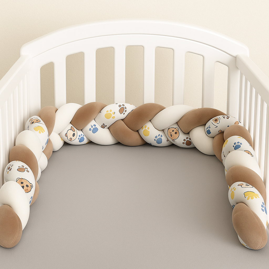 Tresse de lit bébé marron et beige PatDours™ avec motifs pattes d’ours, installée dans un berceau blanc à barreaux, style scandinave lumineux"
