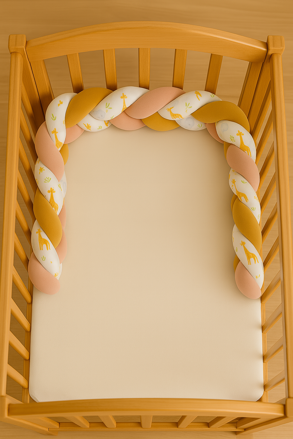 resse de lit bébé safari 2 mètres installée en U dans un berceau bois 60x120, motifs girafe et éléphant en tons ocre, rose et blanc.