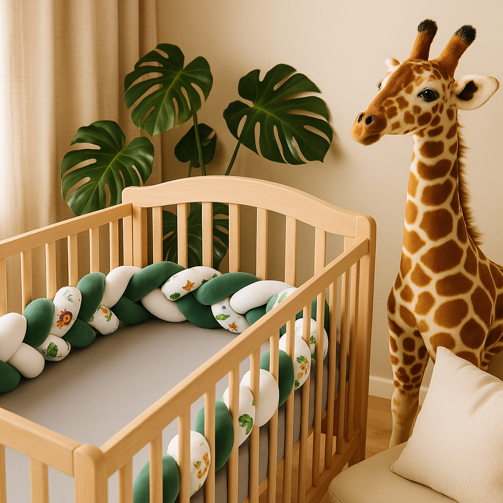 "Berceau en bois clair entouré de la Tresse de Lit Jungle - Cocon Tropical™, créant une atmosphère tropicale apaisante avec des motifs de jungle verts et blancs, dans une chambre de bébé lumineuse et douce."