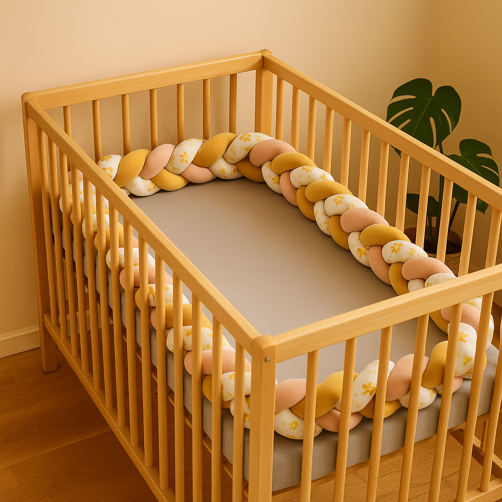 Tresse de lit bébé safari 4 mètres installée en tour complet dans un berceau 60x120 cm fermé, motifs girafe et éléphant, couleurs ocre, rose saumon et blanc.