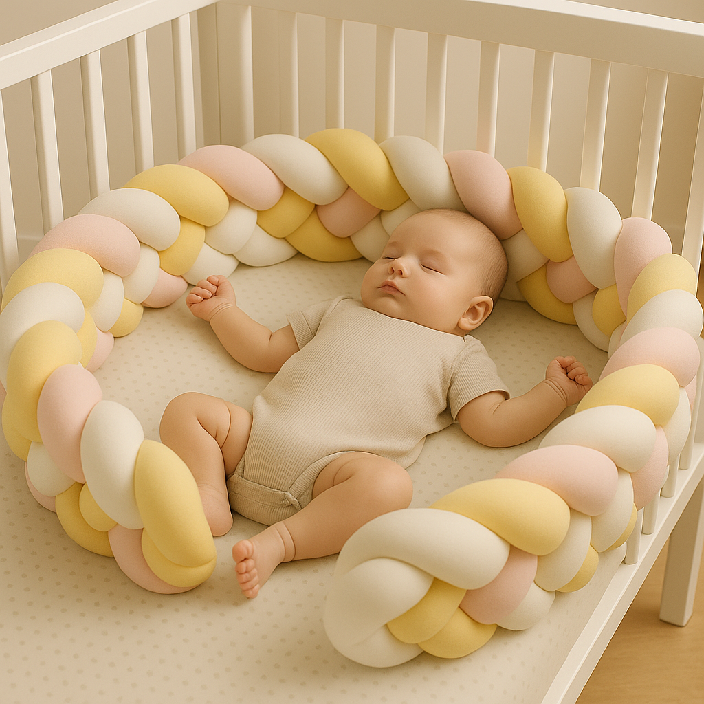 Un bébé dort dans une Tresse_tour_de_lit_Marshmallow posée dans un berceau blanc