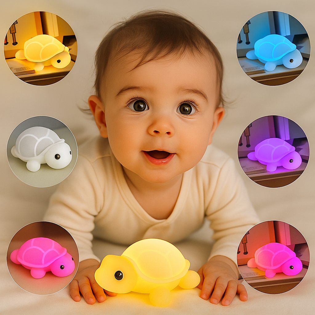 Veilleuse bébé tortue Tortulia™ multicolore devant un bébé allongé, idéale pour le sommeil."