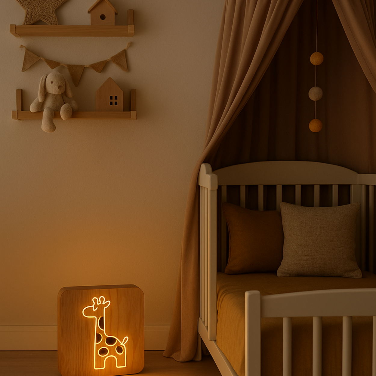 Veilleuse Bébé en Bois allumée dans une chambre paisible au moment du coucher