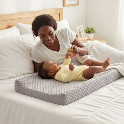Housse de matelas à langer en minky gris utilisée pour installer un bébé confortablement pendant un moment de jeu et de change avec sa maman.Housse de matelas à langer